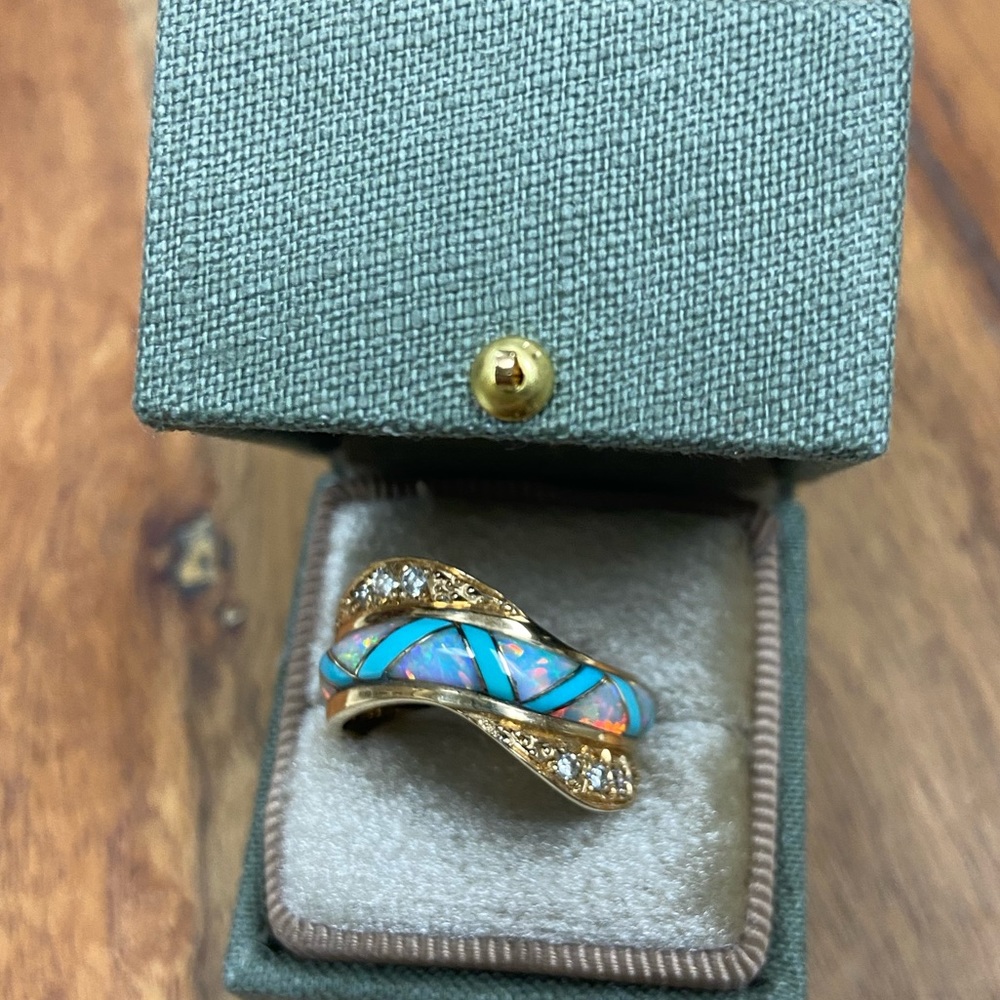 14K Opal, Turquoise, and Diamond Inlay Ring
